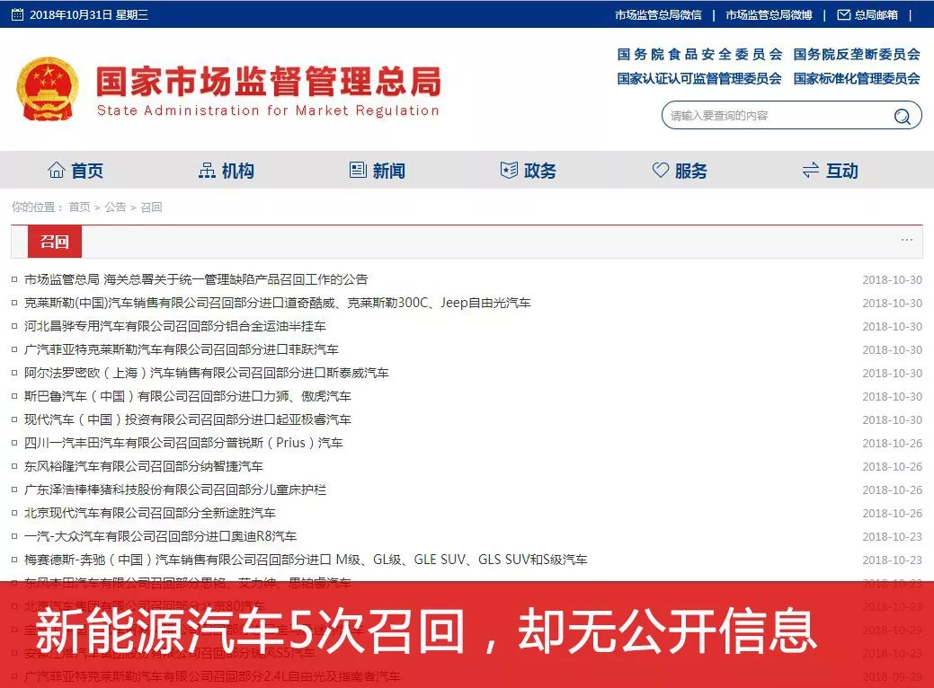請(qǐng)市場(chǎng)監(jiān)管總局公布5次新能源汽車召回信息