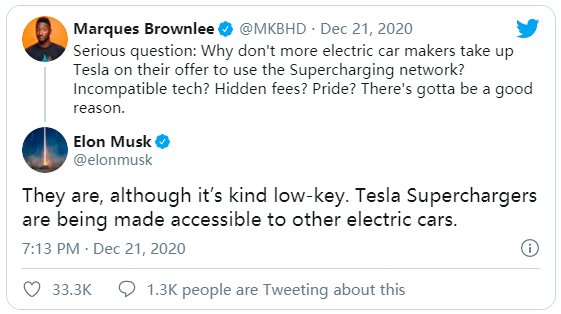 马斯克：特斯拉超级充电桩将向其他品牌电动汽车开放